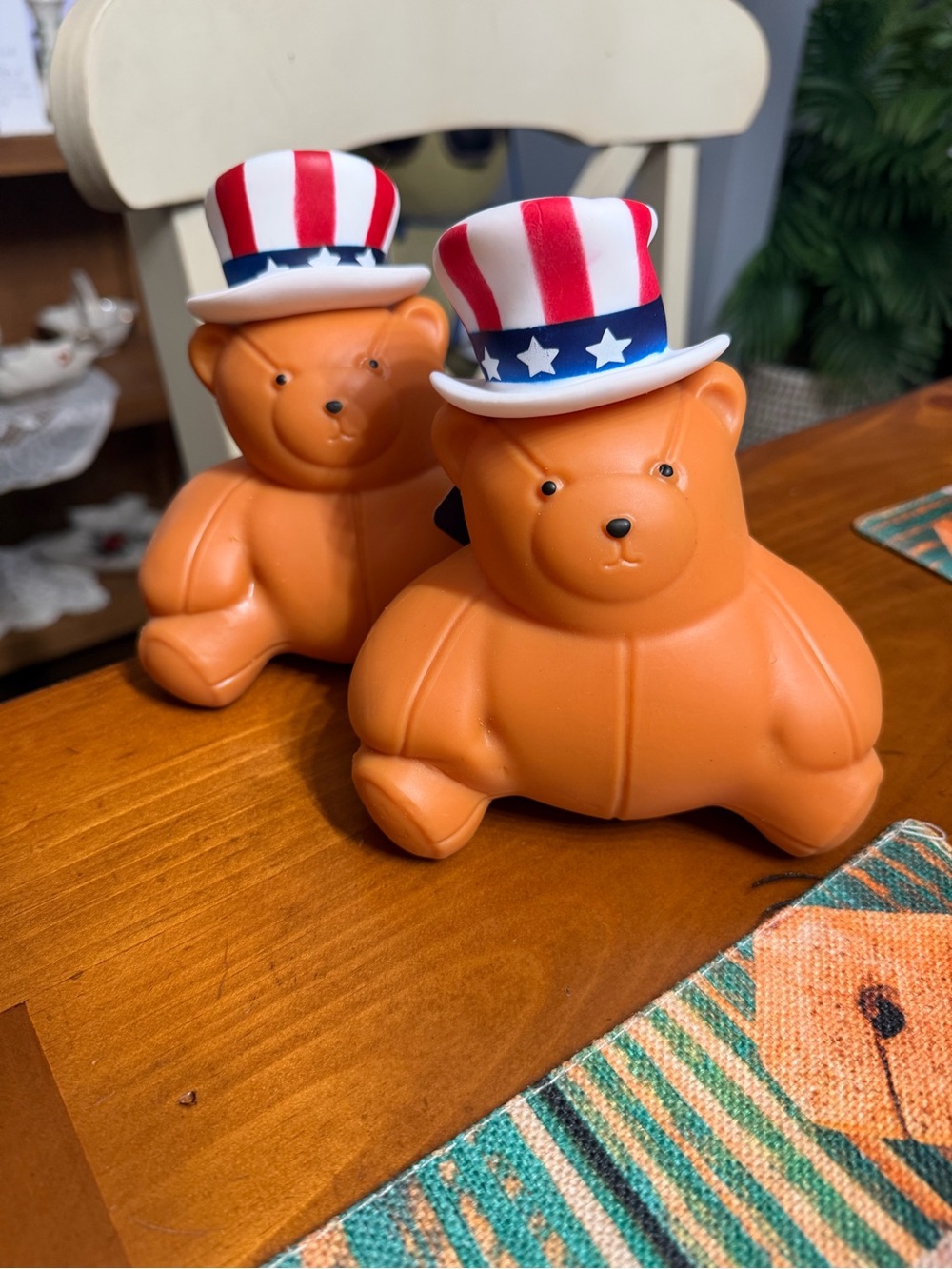 Patriotic Bear Figurine Pair - Orange Bears with Red White Blue Hats